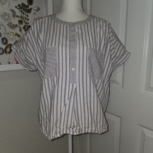 LOFT White and Burgundy Striped Button Front Top